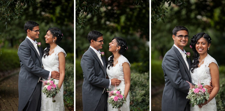 happy wedding couple laughing